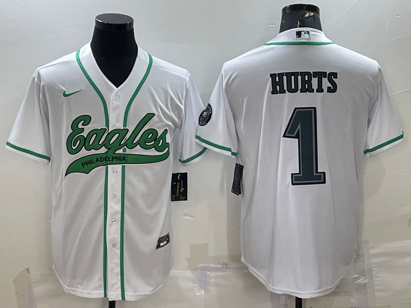 Men's White Philadelphia Eagles #1 Jalen Hurts With Patch Cool Base Stitched Baseball Jersey